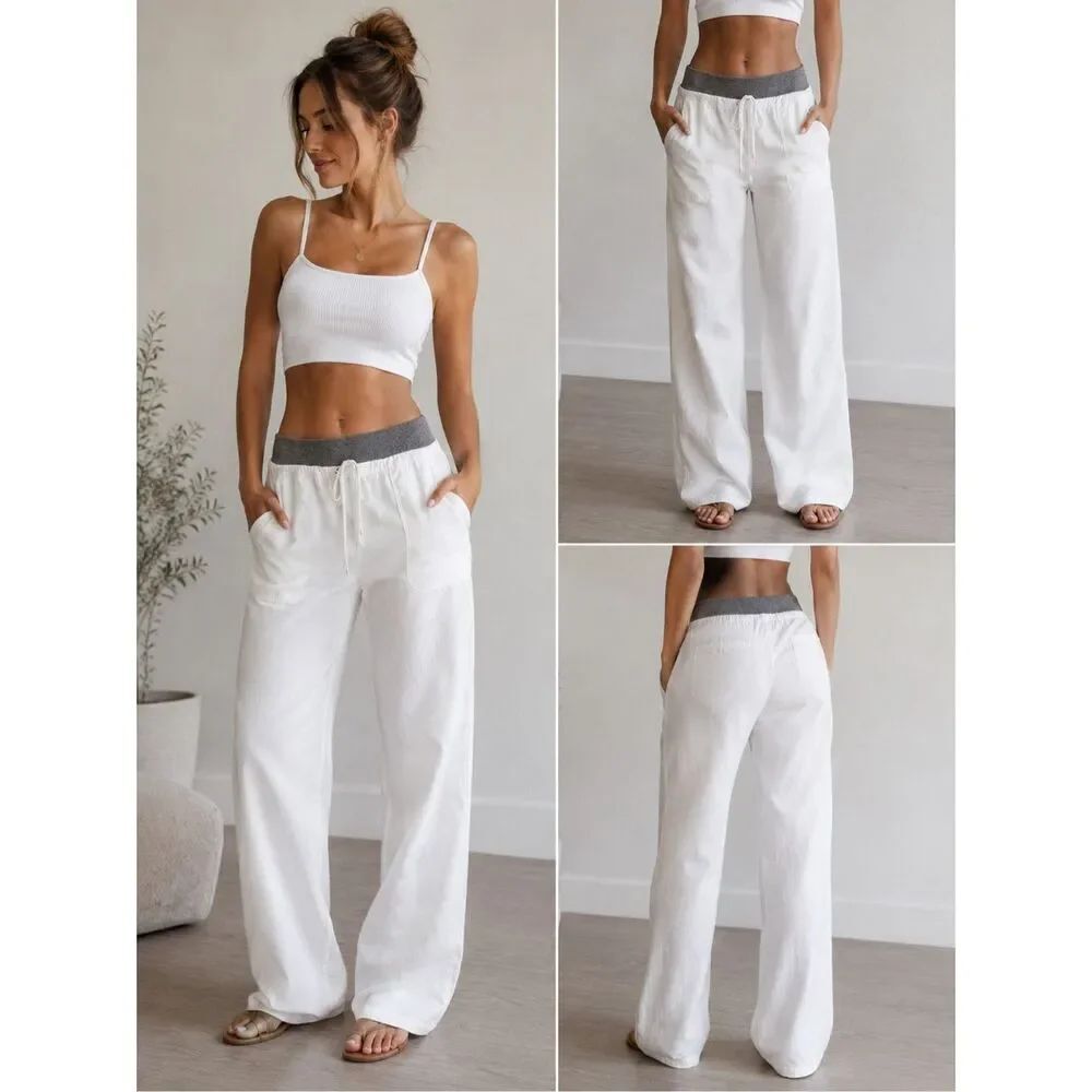 Promod White Linen Blend Wide Leg Pants Gray Knit Waist Drawstring Size L Notes